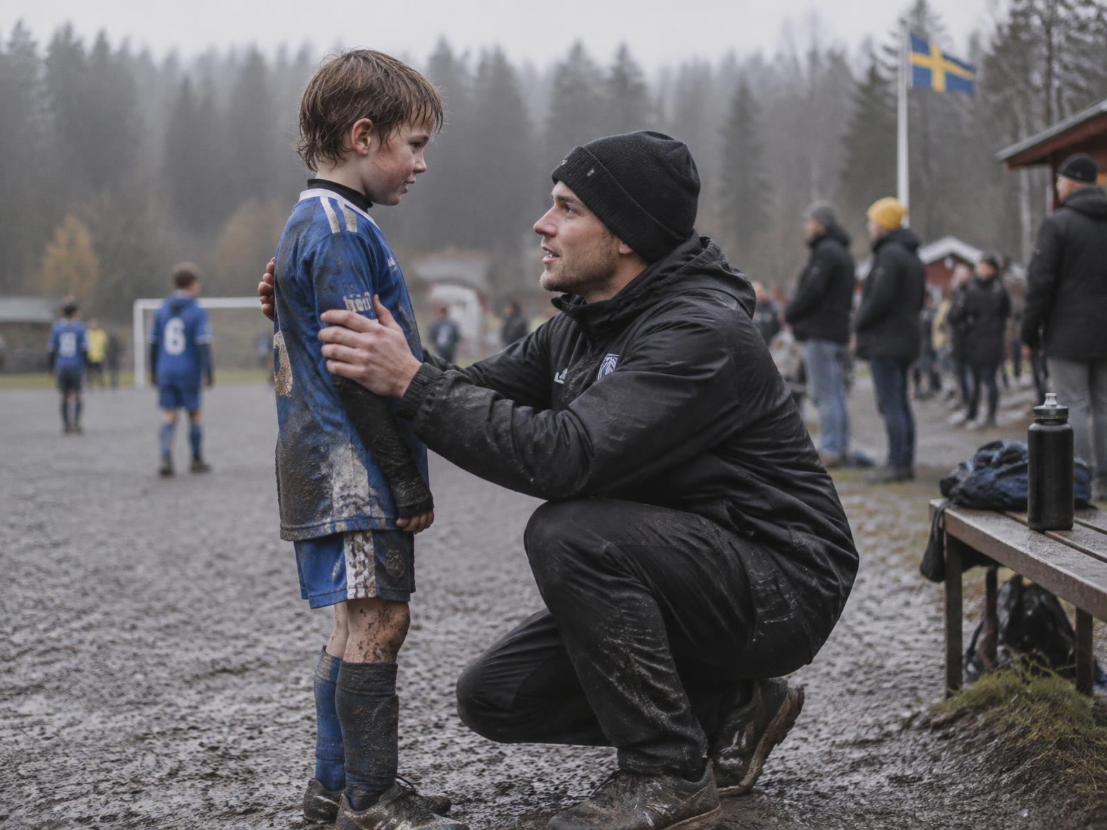 A youth coach encouraging a young player on the sideline